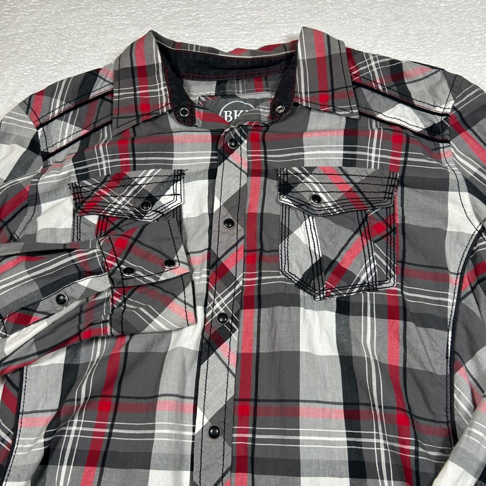 BKE Slim Fit Button Down Shirt Pearl Snap Plaid Mens L Grey Red Western Casual